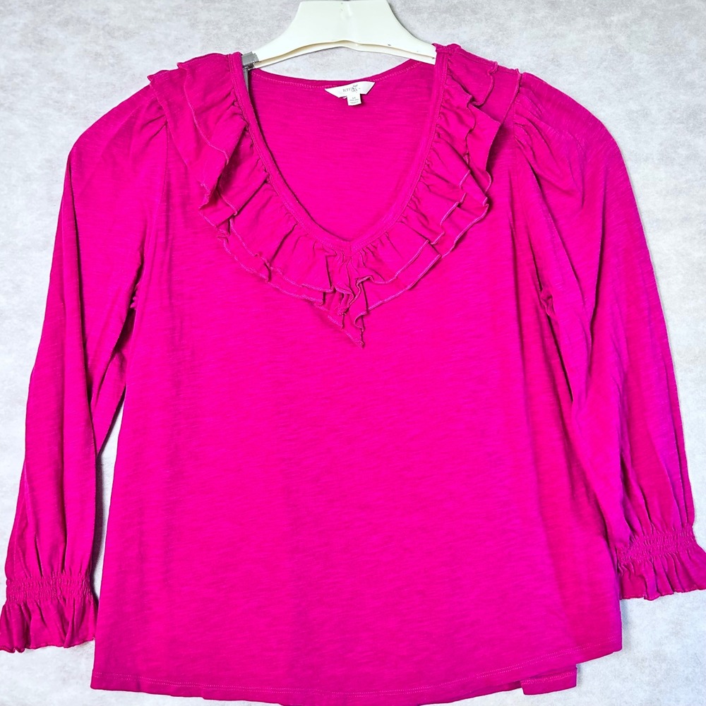 Terra & Sky Women's 1X Pink Ruffle‎ V-Neck Long Sleeve Blouse Top 16W-18W